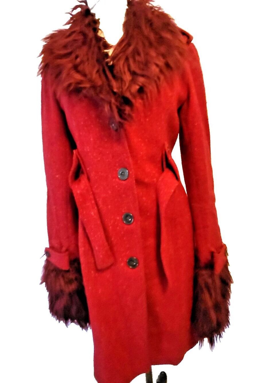 Reworked Express Design Studio Red Wool Coat Size S Faux Fur Cuffs